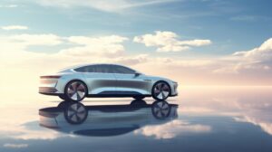 Electric vehicle car or EV car on cloudy blue sky background.
