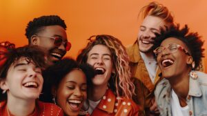 Laughing diverse young adults celebrating joy and friendship in orange background